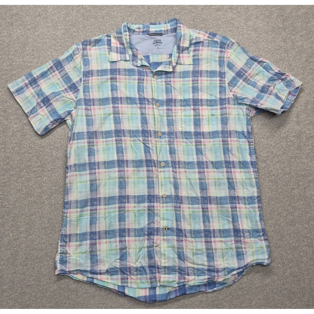 IZOD Mens XL Blue Plaid Short Sleeve Button Down Casual Shirt Cotton Regular Fit